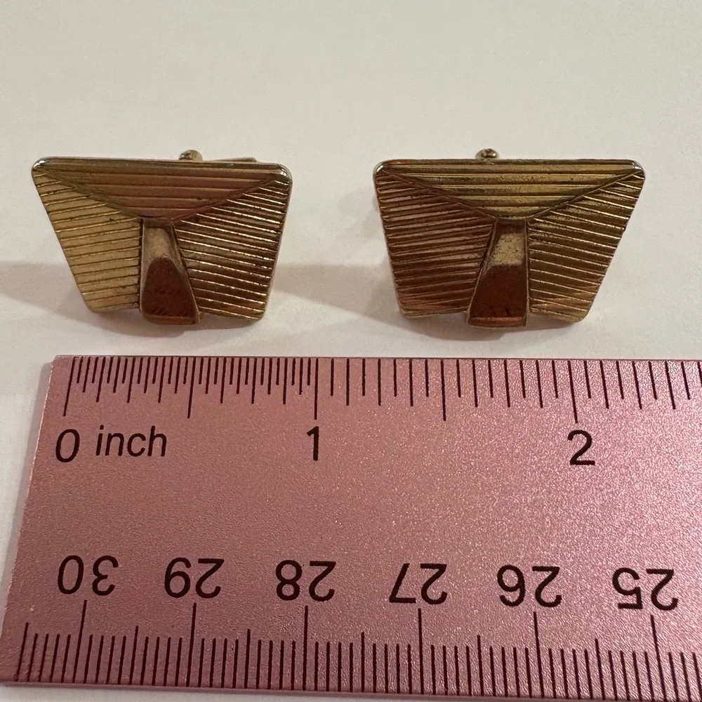 1970s Vtg Hanson‎ Gold Tone Cufflinks Textured Geometric Vintage Mens Jewelry